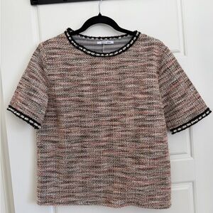 Zara Tweed Short Sleeve Top - Black, Cream, and Pink with Pearls
